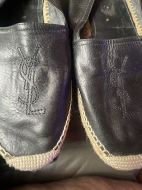 Yves Saint Laurent Black Leather Espadrille Slip-Ons with Stitched Logo
